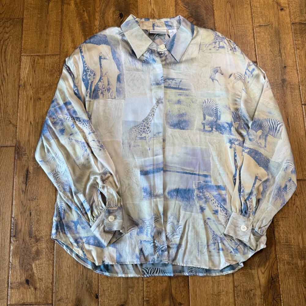 Liz Claiborne Button Down Shirt Blouse VTG Animal Safari 100% Silk Womens Sz 16